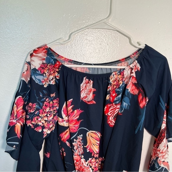 Off Shoulder Blouse Blue Red Floral Tie Front - Picture 6 of 13